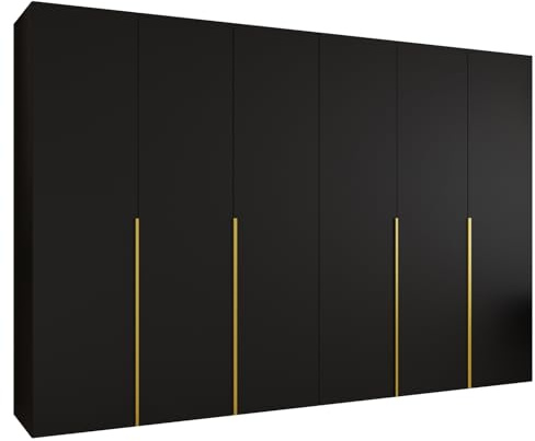 MEBLE KRYSPOL - Kleiderschrank - Drehtürenschrank - Schrank 300 x 202 x 52 cm - Moderner Garderobenschrank Schlafzimmer, Flur, Jugendzimmer - Schwarz, Griff Gold - Alicante 1