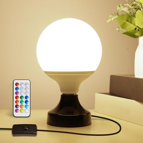 BrightWish Kleine Tischlampe, E27 Dimmbar Nachttischlampe mit Kabelschalter, Industrielle Schreibtischlampe mit LED-Glühbirne, RGB Farbwechsel & Fernbedienung für Schlafzimmer, Wohnzimmer