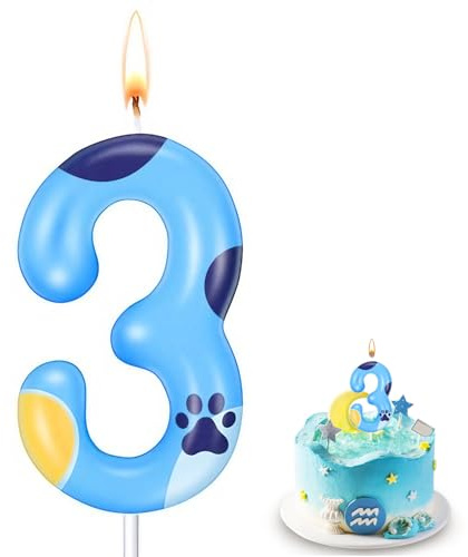 Number 3 Candle, Blue Dog Birthday Candle for Cakes, Candle with Paw Design, Cartoon Dog Themed Birthday Party Decorations and Favors for Kids, Birthday Cupcake Toppers for Boy and Girl