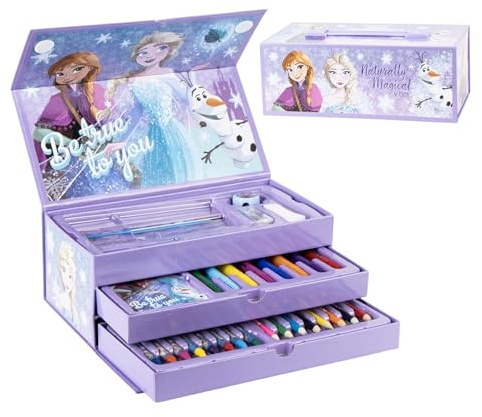 Disney Frozen Juego de Papelería, Incluye Lápices de Color, Rotuladores, Acuarelas, Pincel, Esponja, Lapiz, Sacapuntas, Borrador, Ceras de Color, Cuaderno, Estuche Maletin, Set Escolar Niñas
