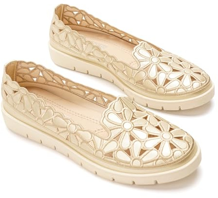 GLAMORA Bailarinas Mujer Caladas Diseño Floral Zapatos Planos Plataforma Ligera Suela Flexible Antideslizante Plantilla Blanda Cómodas Transpirables Calzado Verano oro-38