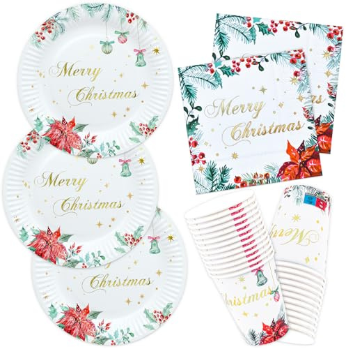 HNH Lot de 52 Assiettes en papier de Noël Poinsettie avec Serviettes et Gobelets en papier jetable Vaisselle de fête