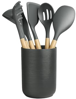DoocliB Küchenutensilienhalter Aus Keramik Utensilienhalter Küche 10 x 13.5 cm Küchentheke Besteckhalter für Spatel Löffel Gabeln Pflanzen (Schwarz)