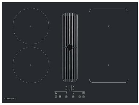 Cookology 70cm Induction Hob with Built-in Ventilation - 4-Zone with Bridge Function - 7335W - Integrated Extractor - Touch Controls - Easy-Clean - Black Glass