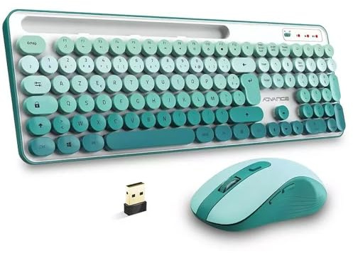 Advance Pep’s Wireless – Kit Tastiera e Mouse Wireless USB AZERTY, RF 2.4 GHz, Mouse Ottico 1600 DPI, Supporto Smartphone Integrato – Verde