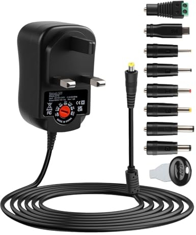 12W Universal Power Supply Adapter, 3V to 12V Adjustable AC/DC Charger with 8 Tips for LED Strips, CCTV, BT Speakers & Household Electronics, 3V 4.5V 5V 6V 7.5V 9V 12V (Max 1A/1000mA)