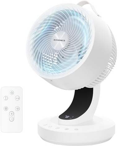 SONGMICS Tischventilator, Ventilator leise 20 dB, Luftzirkulator LED-Display, Fernbedienung, effiziente Kühlung, 70° Oszillation, 8 Geschwindigkeiten, 12 Std. Timer, wolkenweiß XFC001W1EU