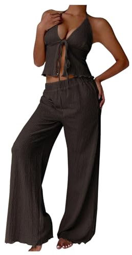 GORGLITTER Coord Sets for Women UK Travel Outfit Slit Tie Front Halter Top Wide Leg Pants Sets 2 Piece Sexy Summer Outfit Airport Set