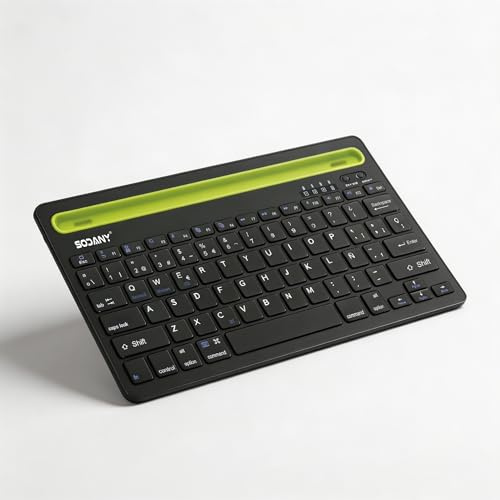 SODANY Teclado Bluetooth Español (Ñ) con Soporte para Tablet y Móvil, Teclado Inalámbrico Multi-Dispositivo, Silencioso, Recargable y Ultrafino para iOS, Android y Windows