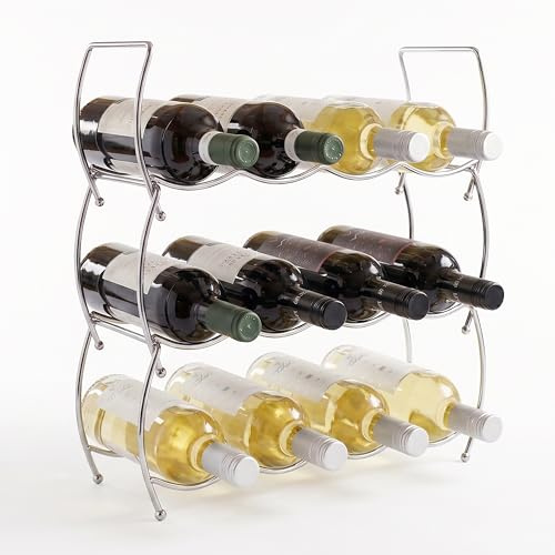 GEEZY 3 Tier Stainless Steel Stackable Wine Rack - 12 Bottle Metal Wine Storage Holder for Kitchen - Freestanding Display Shelf Organizer for Bar, Countertop or Cupboard