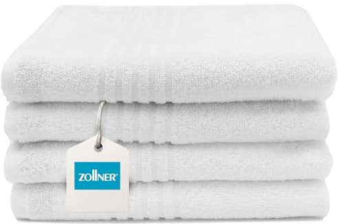 ZOLLNER 4er Set Handtücher in 50x100 cm - saugstarke Badetücher in weiß - mit praktischem Aufhänger - mit eleganten Tiefgangstreifen - waschbar bis 95°C - Baumwolle - Hotelqualität