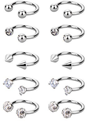 Sumind 10 Piezas de Aro de Herradura de Acero Inoxidable Anilla de Nariz Piercing de Cuerpo Quirúrgico para Hélice Tragus Cartílago Labio Ceja, 16 Gauge, 5 Estilos