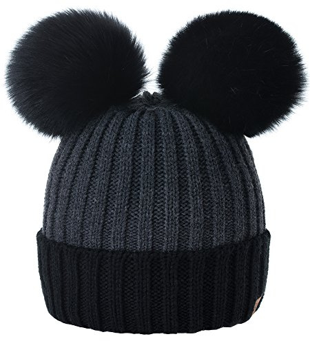 MFAZ Morefaz Ltd dam dam vinter mössa mössa stickad tjock med dubbel fuskpäls pom pom