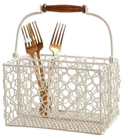 Country Cream Metal Wire 4 Compartment Cutlery Basket Caddy Kitchen Storage | Carrying Handle, Wooden Handle, Four Section, Cutlery Basket, Flatware Storage