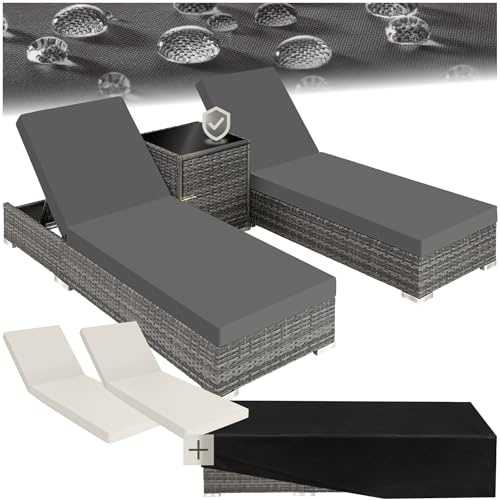 tectake® Set 2 Tumbonas de Ratán y Aluminio + Mesa Jardín, Tumbonas Piscina Respaldo Regulable, Tumbonas Playa Resistente a la Intemperie, Fundas Intercambiables, Funda Protectora - Natural