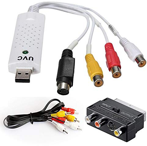 Tech Stor3 USB 2.0 Audio/Video Grabber Nuova Versione 2022 + Adattatore Scart+Cavi RCA Compatibile con Windows 10-11|VHS|Scheda di acquisizione Video USB Colore Bianco