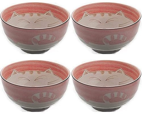 JapanBargain 2483, Cuenco de porcelana japonesa para sopa, cuenco de ramen fabricado en Japón, patrón de gato sonriente Maneki Neko, 5 pulgadas (4, rosa)