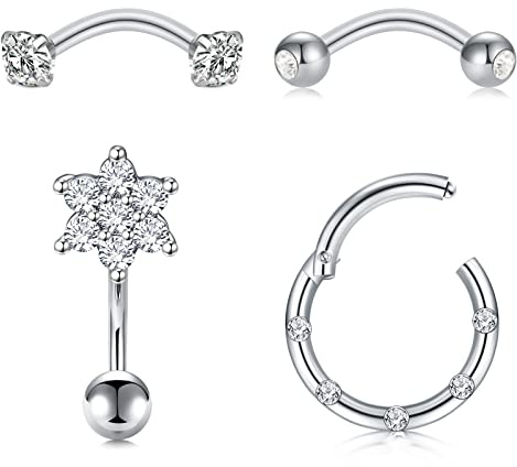 Rajnard 10 Pièces Piercings 16G 8mm en Acier Chirurgical Diamant, Perle, Coeur, Étoile pour Sourcils, Rook, Daith
