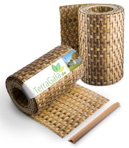 TerraGala 2er Pack Rattan Sichtschutz-Streifen, Sichtschutz für Stabmattenzaun, Flechtoptik, 255cm x 19cm, inklusive Befestigungsclips (2, Strohfarben)