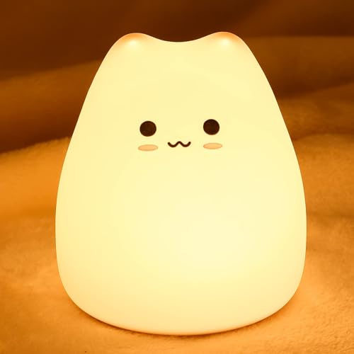 Katze Nachtlicht Kinder Bunte Dimmbare Batterie‑Lampe für Babys Timer | Katzen-Geschenk für Mädchen