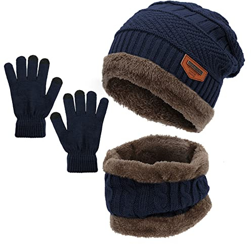Durio Kinder Mütze Schlauchschal Handschuhe Mütze Set Wintermütze mit Fleece Gefütterte Strickset für Jungen und Mädchen