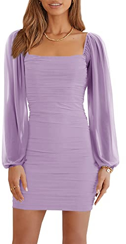 Wenrine Abiti da Donna Vestito Aderente da Festa Maglia Manica Lunga Scollo Quadrato Mini Abito.Lilla.S