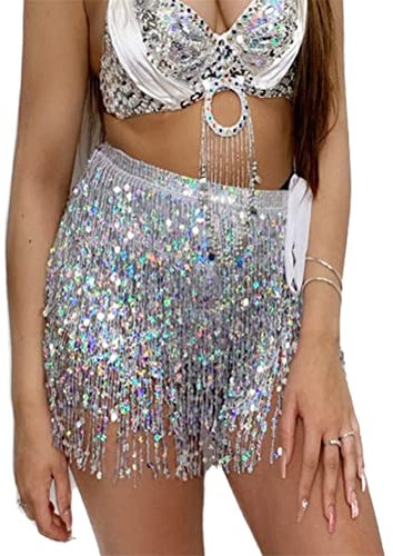 ORANDESIGNE Sexy Bauchtanz Kostüm Damen Fransen Pailletten Rock Hüfte Quaste Hüfttuch Funkeln Wrap Rave Kostüm A Silber Einheitsgröße