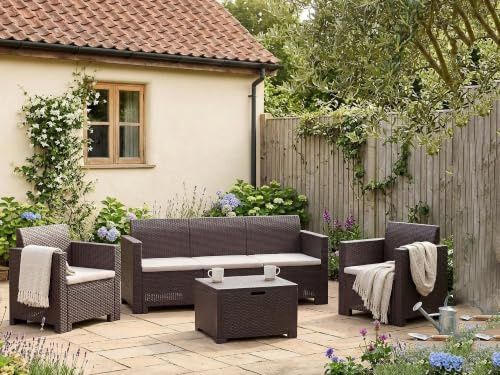 Dmora - Set salotto da esterno Venus, Set da giardino con cuscini, Salottino indoor e outdoor effetto rattan, 100% Made in Italy, Marrone