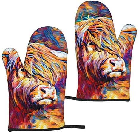 Heat Resistant Oven Gloves Sets Of 2 - Highland Cow Printed Kitchen Non-Slip Microwave Oven Mitts 1 Pair For Baking Cooking Bbq