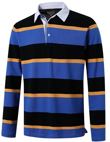 Men's Polo Shirts Long Sleeve Striped Dry Fit Casual Collared Pique Golf Polo Shirts for Mens, Black Blue, XL