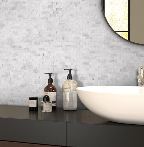 SUNWINGS 5-Sheet Peel and Stick Mosaic Natural 3D Stone Self Adhesive Marble Tiles, 10.63 x 11.22 Stick on Backsplash for Kitchen Bathroom Fireplace Vanity, Mixed Gray