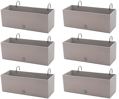 Blumenkasten Balkon Set 6 X 51x19x18,5 cm | Balkonkasten in Rattanoptik | Pflanzkasten mit Griff, Halterungen und Bewässerungssystem | Blumentöpfe für Terrasse | Pflanzkübel in edlem Design | Mocca