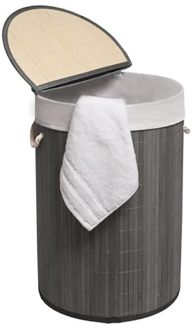 MantraRaj 50L Folding Bamboo Laundry Basket Bin Hamper Basket Clothes Storage Organizer With Lid And Removable Washable Bag Carry On Handles Washing Storage Bin for Laundry Room, Bedroom (Grey)