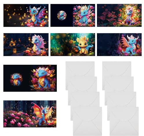 Mocrop 8 Stück 5D DIY Diamond Painting Karten Anzug Dinosaurier Diamond Painting Geburtstag Karten Handwerk Grußkarte mit Umschlag Diamant Malerei Grußkarte für Kinderferien, Weihnachten