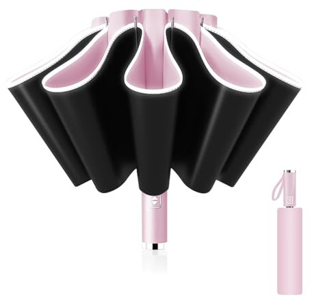 Pioggistar Ombrello Inverso Automatico, Ombrello Pieghevole Antivento, Ombrello Grande da Pioggia 10 Stecche Rinforzate per Uomo e Donna, Diametro 105cm, Rosa