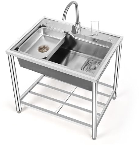 RYZQWE Waschbecken 1 Becken Küchenspüle Gewerbliche Spülschrank Waschtisch Outdoor Camping Ausgussbecken Freistehende Einzelbecken-Spüle mit Heiß-/kaltwasserhahn for Außen Küche Garten Camping
