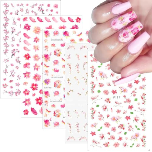 5 Blatt 3D Nagelsticker Vier Jahreszeiten Blumen Nagelaufkleber Blume-Blatt-Nagelkunst-Aufkleber 5D Stereoskopisch Selbstklebend Bunte Blüte Nail Art Sticker Dekoration Nageldesign