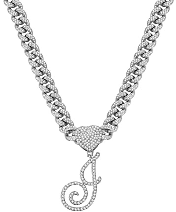 Flongo Damen Halskette Buchstabe Panzerkette: Gold Silber Kubanische Kette Strass Glitzer Iced out Chunky Miami modeschmuck Initiale Halskette mit J Anhänger Kuban Choker Geschenk für Frauen Mädchen