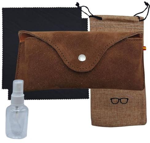 Planta Color Pack Funda Gafas Piel Vuelta Cinturón + Funda Tela + 2 Gamuzas + Bote Spray | 16x6,5 cm | Cierre Botón | 4 Costuras Reforzadas | Artesanal (Marrón Cuero 2)