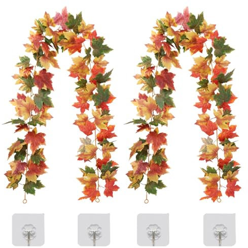 DKDDSSS 2 Stück Herbst Girlande Ahornblätter, Herbstgirlande für Drinnen und Draußen, Hochzeit, Erntedankfest, Abendessen, Party, Kamin, Halloween, Weihnachtsdekoration(175cm)