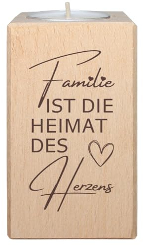Teelichthalter mit Spruch Familie ist die Heimat des Herzens - Sprüche Geschenk aus Holz, Kerzenständer für Eltern, Verwandte, Kinder, stilvolle Deko für Zuhause von Geschenkissimo