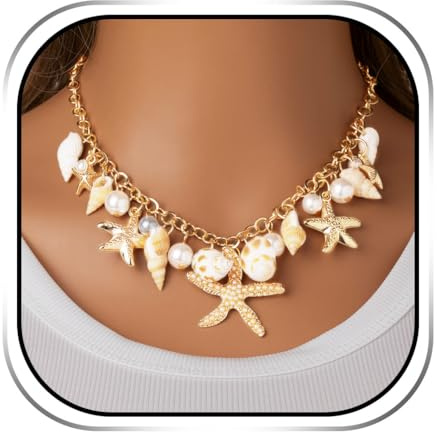 Handcess Collares bohemios con colgante de concha dorada y estrella de mar, collar de perlas para mujer, talla única, Estrella de mar, concha, perla, No es una piedra preciosa