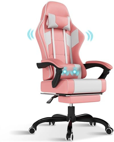 TRIUMPHKEY Gaming Stuhl mit Lendenwirbel massagekissen, Ergonomischer Bürostuhl mit ausziehbarer Fußstütze, Kopfstütze, GamingStuhl mit 90-135°Verstellbarer Rückenlehne, 150kg Tragkraft, Rosa