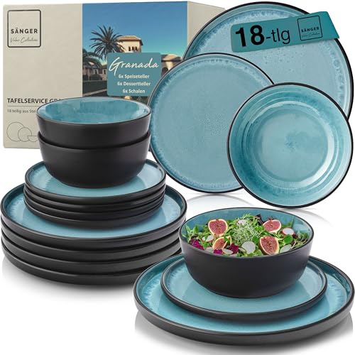 SÄNGER Granada Value Collection porslinsservis i 18 delar – tallrikar för 6 personer – 6 mattallrikar – 6 flingskålar – 6 desserttallrikar – 6 desserttallrikar – blå middagsservis med kant