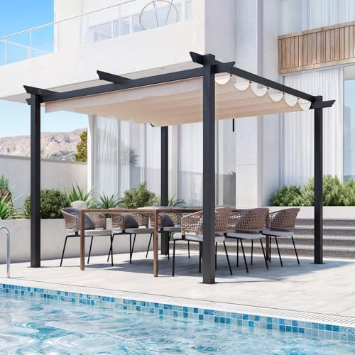 EROMMY 3x3m Metal Pergola with Retractable Roof, Metal-Freestanding Shelter with Adjustable Sun Shade Canopy for Patios, Beige