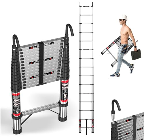 4.4M Stainless Steel Ladder with Hooks, 14.4FT Telescope Ladder with Safety Lock, Anti-slip Thickened Stainless Steel, 330lbs load, Portable Folding Ladders for Home and Construction Use