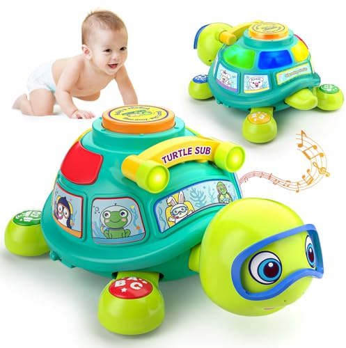 ToddlerCley Musical Turtle Baby Toys 6-12 Months, Bilingual Educational Crawling Toys 7 8 9 10 Months, Light up Infants Tummy Toy with Sound, Number, Letters, Gifts Present for Baby 4 5 6 12 Month