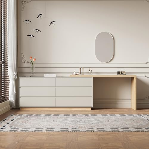 LumivoxNest Modern L-Shaped Vanity Desk with Storage, 6-Drawer Dresser and Adjustable Computer Table Combo, Light Gray and Natural Wood