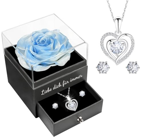 Miofula Ewige Rose Geschenke für Frauen,Blumen mit Herz Halskette und Ohrringe Silber925,Infinity Rosen Kette Geburtstagsgeschenk für Frauen,Mama Oma Freundin Geschenk Weihnachten Geburtstag Jahrestag
