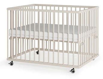 Sämann Laufstall Baby 75x100 cm mit Matratze | TÜV geprüft | stufenlos höhenverstellbar | Laufgitter Premium | Babybett aus Holz | Krabbelgitter Sahara dust